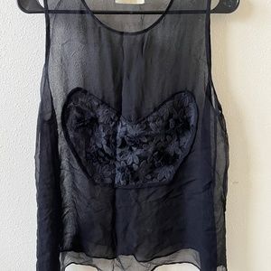 Shakuhachi Black Sheer Top, with Embroidered Flowers, Size Large